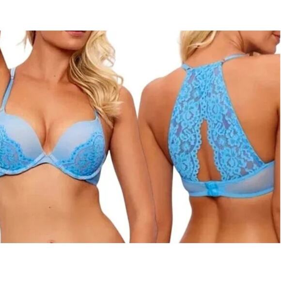 Fredericks of Hollywood Blue Heartthrob Lace Pushup Underwire Racerback Bra 32DD - Picture 1 of 4